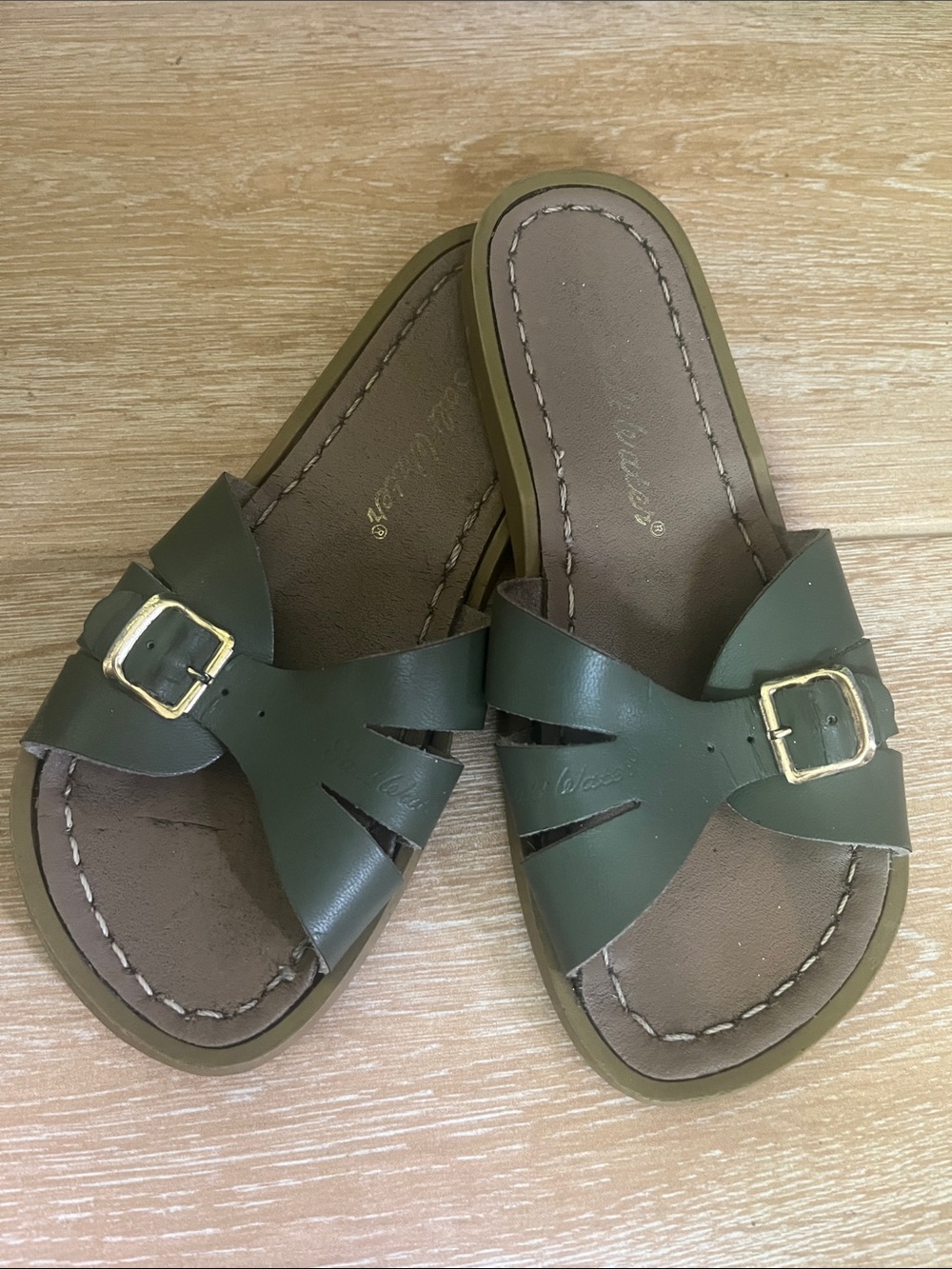 Salt Water Sandals by Hoy Olive Green Kids Slide Sandals with Gold Buckles